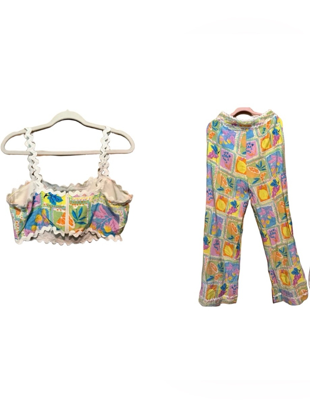 Fore’ Women’s Multicolor Patchwork Print Crop Top & Wide-Leg Pants Set Sz Large - Picture 8 of 8